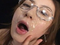 Kokoro Amano sucked cocks and took 150 bukkake cumshots on her face and in her face hole  ate cum on food and collected cum in a bottle and swallowed it all down.